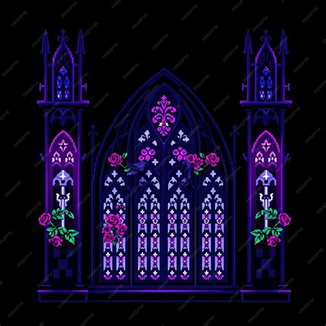 Gothic Pixel Art Letter M High Cathedral Arches With Pixelated Roses ...