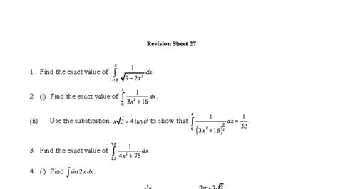 27 Calculus Revision Sheet: Exact Values & Integrals - Studocu