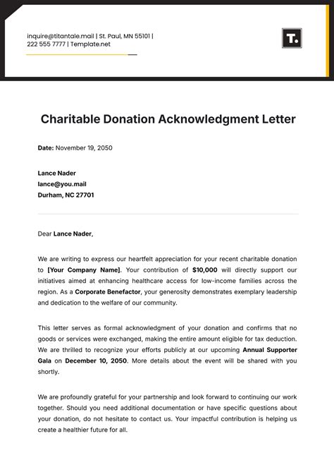 Free Charitable Donation Acknowledgment Letter Template to Edit Online