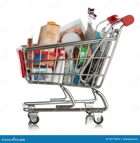 Shopping Cart Miniature Full of Groceries Isolated on White Stock Photo ...