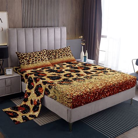 Orange Leopard Print Bed Sheets Set Gold Sequins Print Sheets,Wild ...
