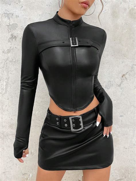 SHEIN ICON Zip Up Curved Hem PU Leather Fall Clothes Women Jacket ...