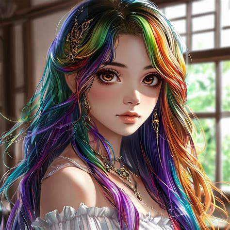 "Hel in anime style 🪻🩷 Beautiful anime girl with long rainbow hair and ...