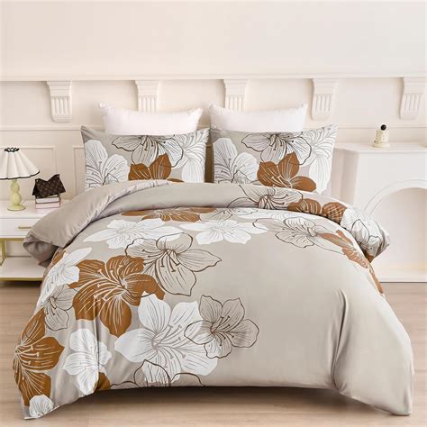 DJY 3 Pieces Duvet Cover Set King Size Taupe Floral Pattern Comforter ...