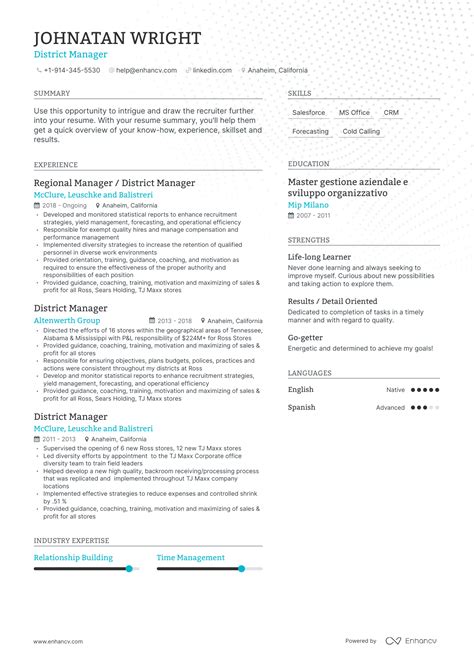 District Manager Resume Examples & Guide for 2023 (Layout, Skills, Keywords & Job Description)