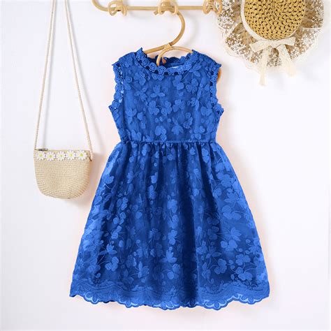 Girls Blue Sleeveless Floral Embroidered Lace Border Scalloped Dress ...