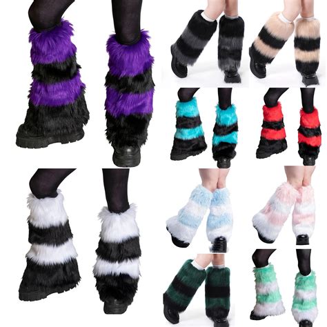 Women-Faux-Fur-Leg-Warmer-Contrast-Color-Stripe-Pattern-Warmer-Boot ...