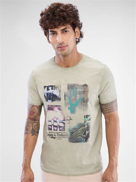Spykar Moss Grey Cotton Half Sleeve Tshirt For Men