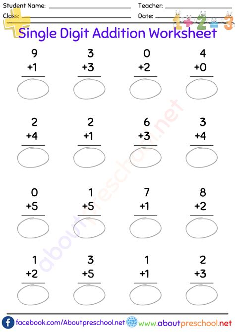 Single Digit Addition Worksheet-7 - About Preschool