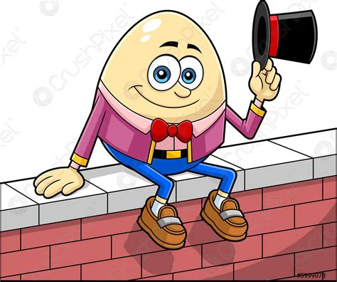 Humpty Dumpty Egg Cartoon Character Sitting On Wall Waving Hat - stock ...