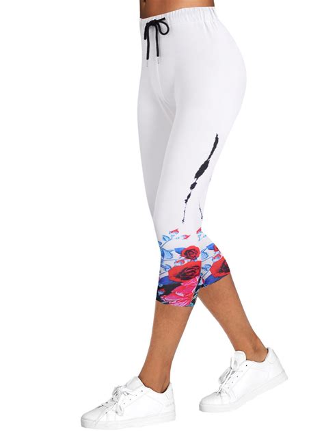 [32% OFF] 2021 Drawstring Floral Capri Leggings In WHITE | DressLily