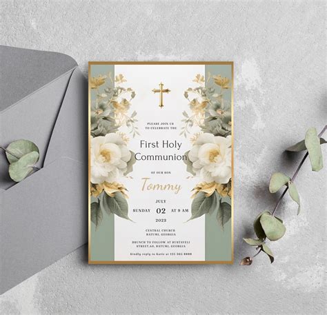 First Holy Communion Invitation Template, Green and Gold Communion Card ...