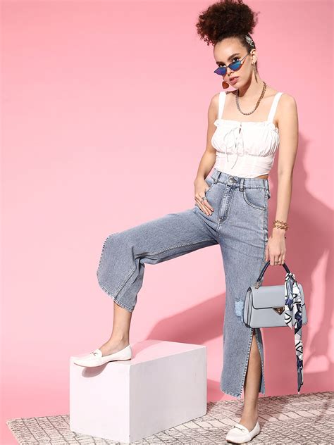 Women Blue Low Distress Light Fade Pure Cotton Stretchable Jeans – CINK