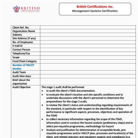 British Certifications Inc. || Audit Reports Formats