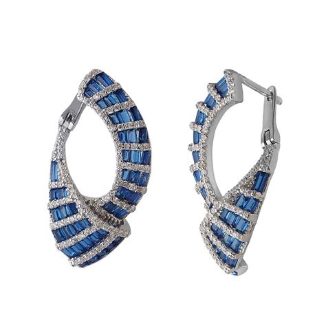 92.5 Pure Silver Earrings Blue Sapphire Buggette Round CZ White Gold ...