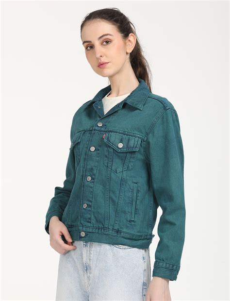 Women's Solid Teal Green Spread Collar Trucker Jacket – Levis India Store