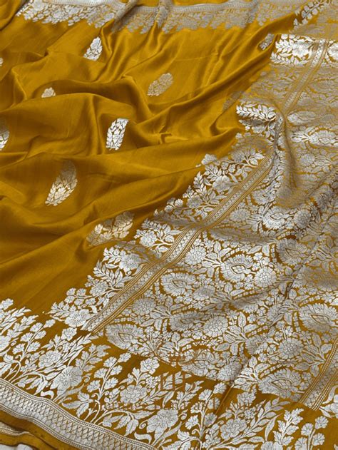 Mustard Yellow Handwoven Banarasi Pure Mashru Silk Saree – Heritage ...