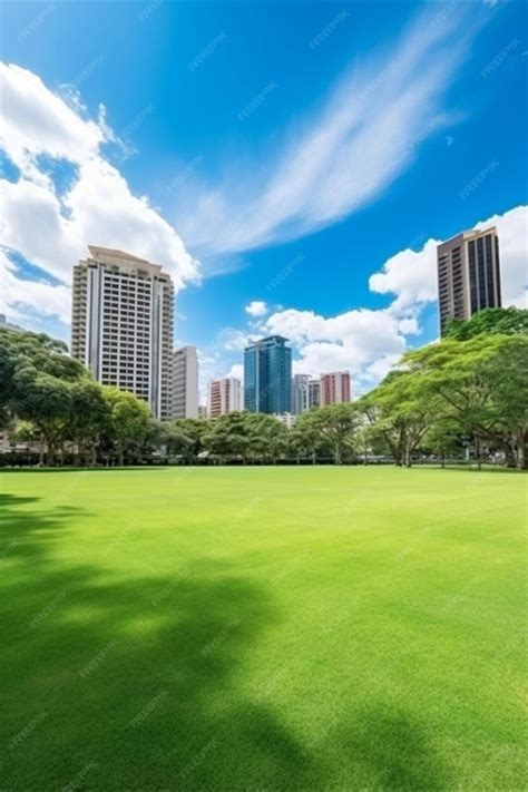 Public park and high rise buildings cityscape in metropolis city center ...