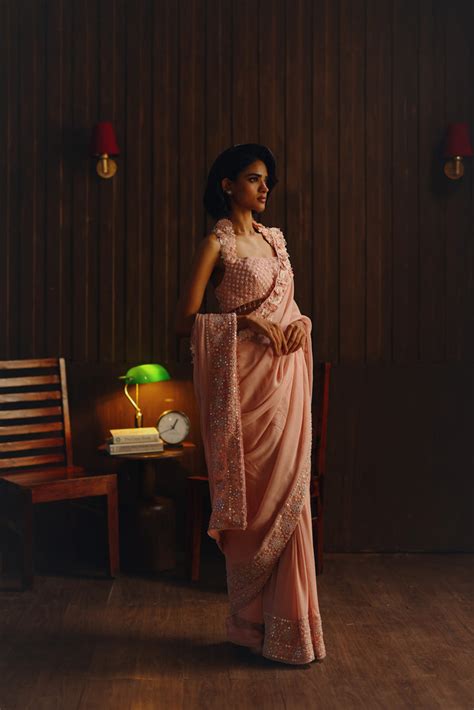 Georgette 3d flowers embellished saree With Floral Halter Neck blouse ...