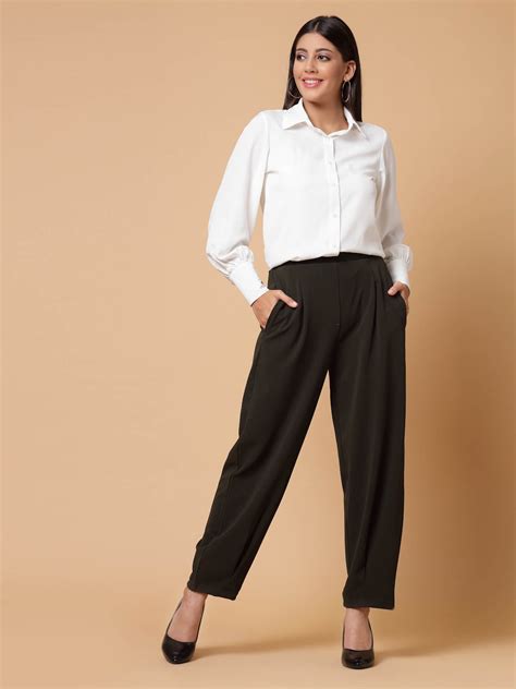 Women Olive Green Solid Pleated Trousers – pluss.in