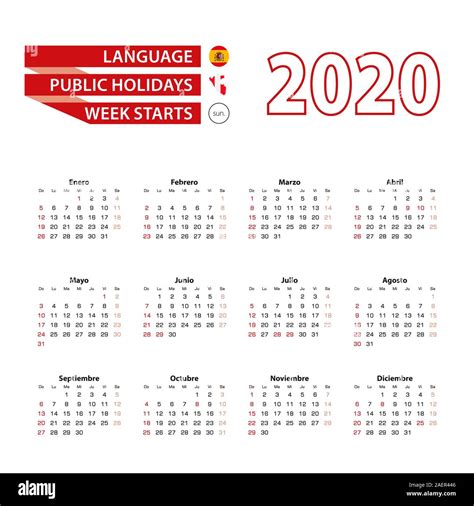 Calendario 2020 en idioma español con los días festivos del país del ...