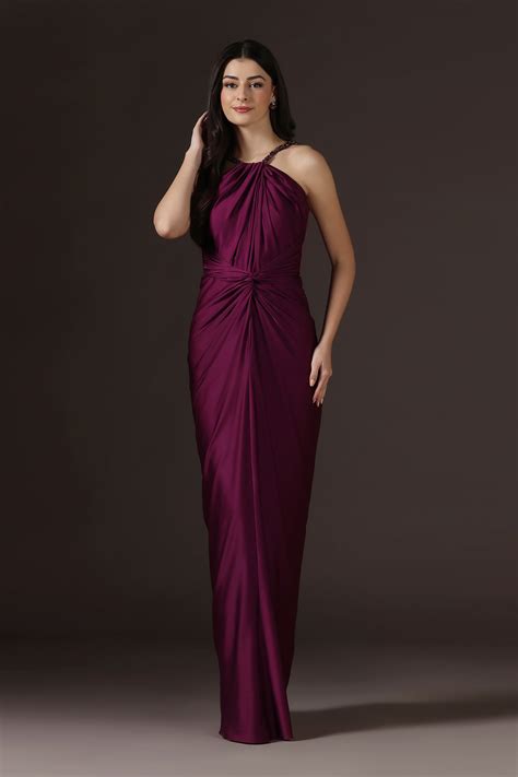 Plum Crystal Embellished Satin Draped Gown – Pooja Peshoria