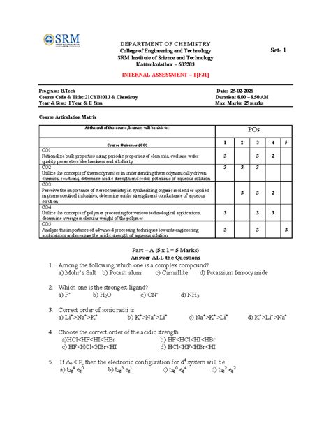 21CYB101J Chemistry Internal Assessment I - Set 1 - Studocu