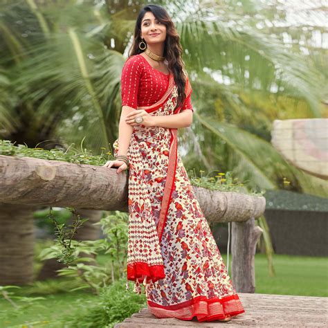 Cream & Dark Red Floral Printed Chiffon Saree