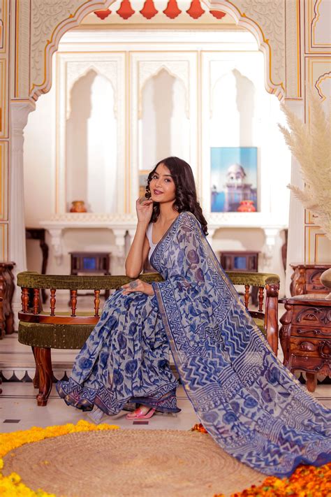 Indigo Flower Block Printed Pure Kota Doria Saree – Jaipur Tex