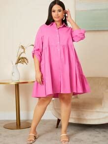 SHEIN VCAY Plus Roll Up Sleeve Button Front Smock Dress | SHEIN USA