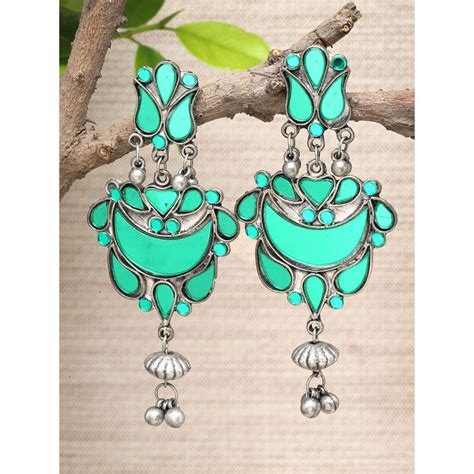 Buy Moedbuille Green Brass Silver Plating Oxidised Earrings Online
