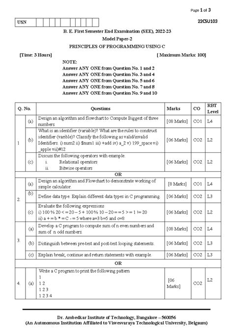 2 - No information - Page 1 of 3 USN 22CSU B. E. First Semester End ...