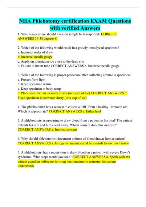 NHA Phlebotomy certification EXAM Questions with verified Answers - Nha ...