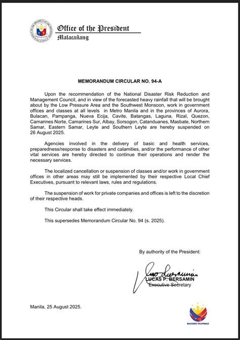 Memorandum Circular No. 94-A s. 2025 – Presidential Communications Office