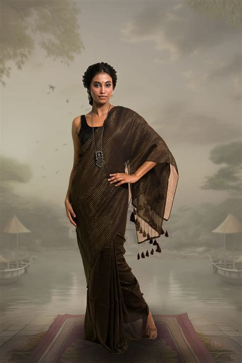 Zari Mridang I Dark Brown Handloom Mul Cotton Saree with Zari Stripes