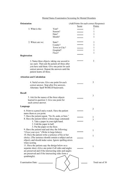 Fillable Online Mental Status Examination Screening for Mental ...