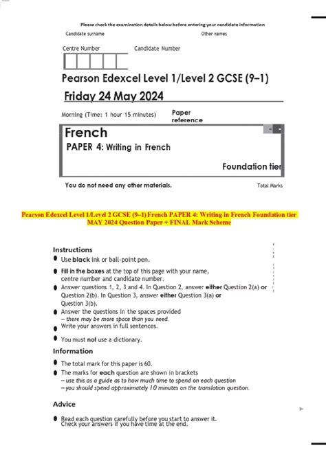 Pearson Edexcel Level 1/Level 2 GCSE (9–1) French PAPER 4: Writing in ...