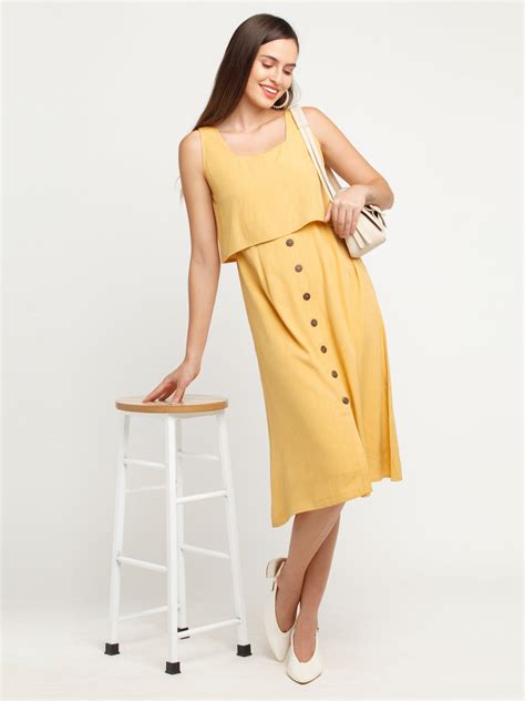 Buy Yellow Solid Layered Midi Dress For Women Online - Zink London