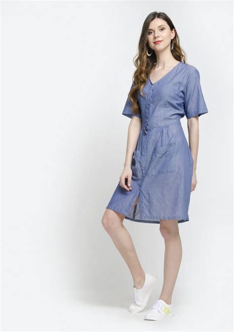 Alable Short Sleeve V Neck Button Down Mini Dress with Pockets