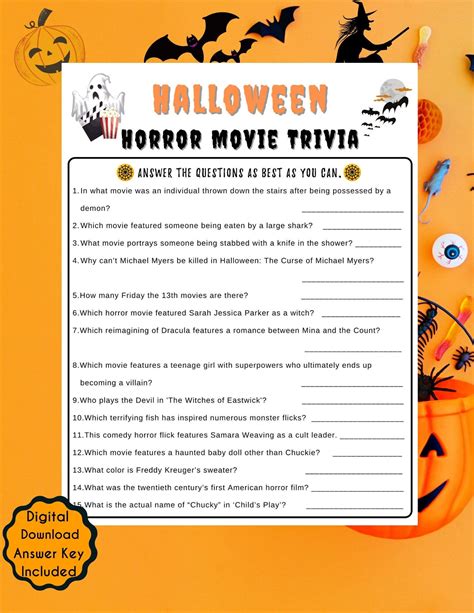 Halloween Horror Movie Trivia Printable Game for Kids Adults Halloween Trivia Halloween Party ...