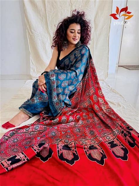 Modal Silk Ajrakh Saree With Natural Dyes - Indigo With Red – Phulari