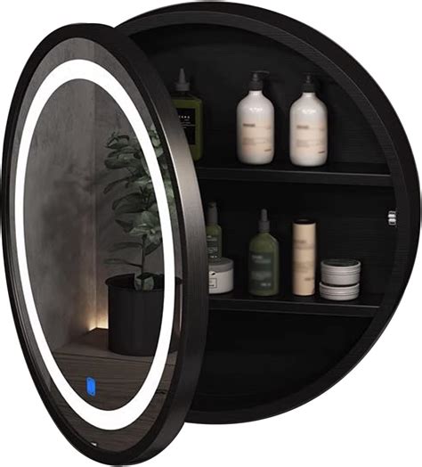 Modern Round Mirror Cabinet with LED Light and Storage Shelf for ...