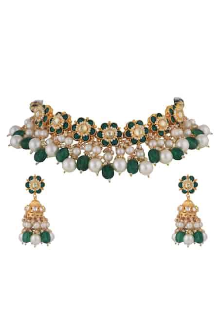 Buy Emerald Green Pearls, Beads, Stones Floral Cut Work Necklace Set by ...