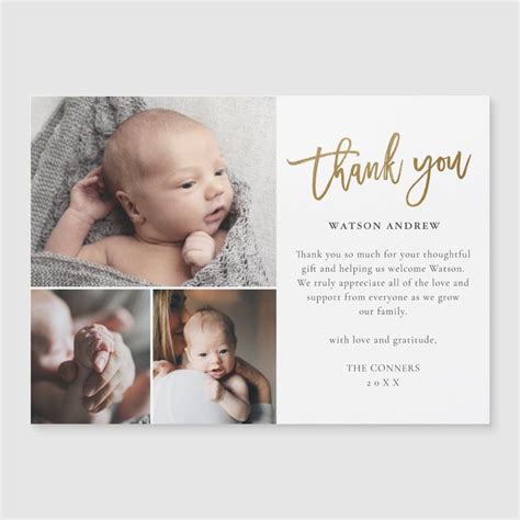 Simple Gold Script 3 Photo Baby Thank You Card | Zazzle | Baby thank ...