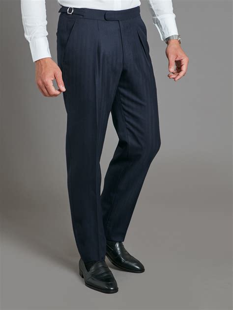 Pleated Suit Trousers - Navy Herringbone | Men's Suit Trousers | Oliver ...