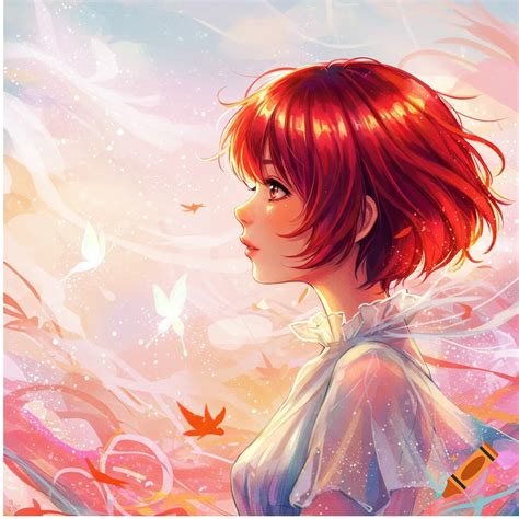 Anime girl with short red hair looking up, surrounded by glowing ...