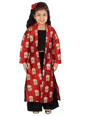 Buy JBN Creation Girls' Maroon and Black Brocade Cotton Silk Crop Top ...