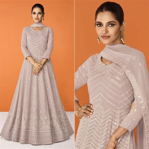 Dusty Rose Pink Sequins Embroidered Georgette Semi Stitched Anarkali S