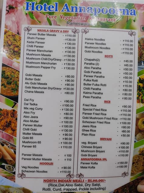 Menu at Hotel Sri Annapoorna in SDM, Rameswaram