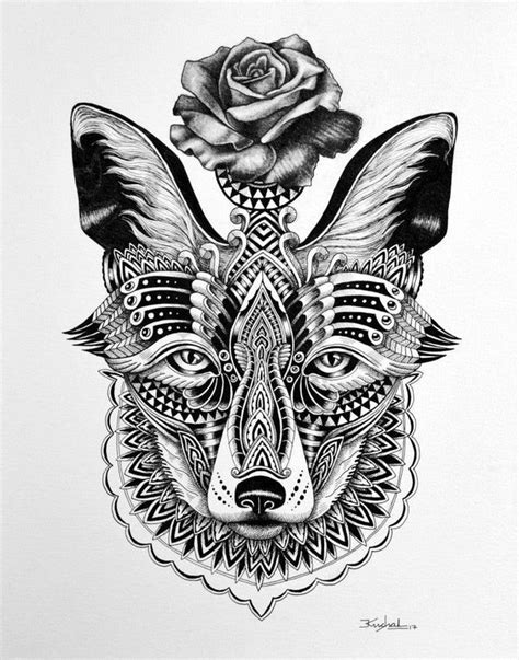 "Fox 2": Steel Grey Pen Drawing (15x11) by Kushal Kumar | ArtZolo.com